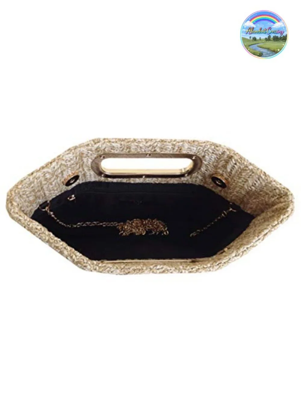 Woven Raffia Straw Clutch with Gold Chain Strap, Top Handle and Crossbody Option